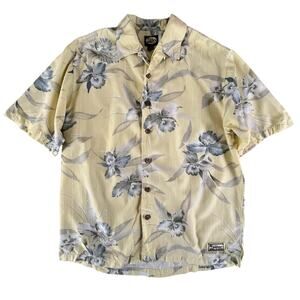 Tommy Bahama Shirt Mens M Yellow Floral Hawaiian Camp Button Up Rayon Cotton 90s